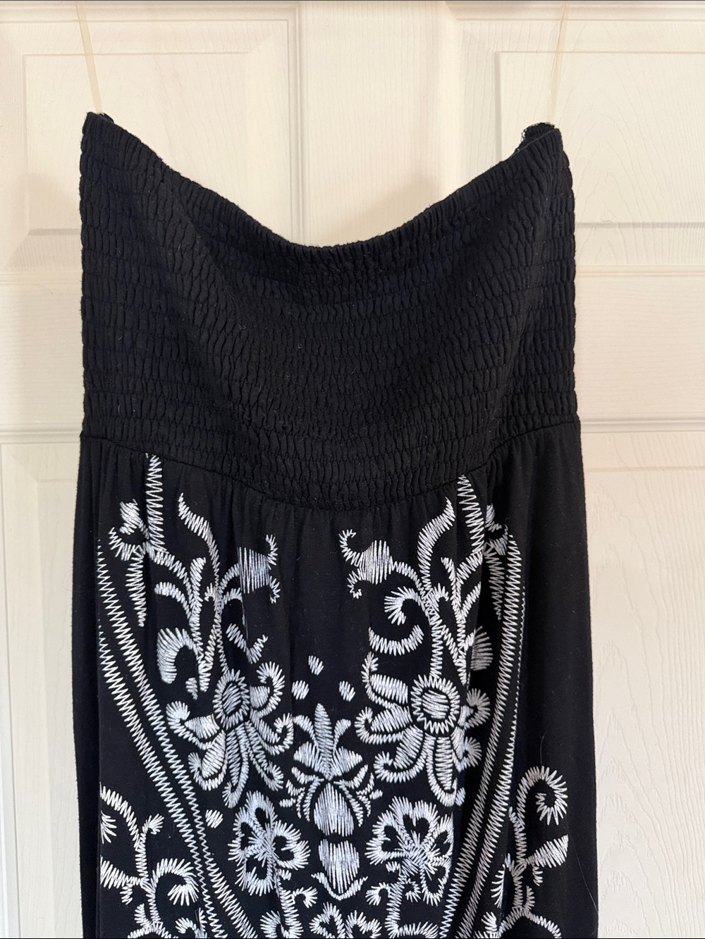 Vanity Black Bandana Style Strapless Maxi Dress Floral Embroidery Boho Festival